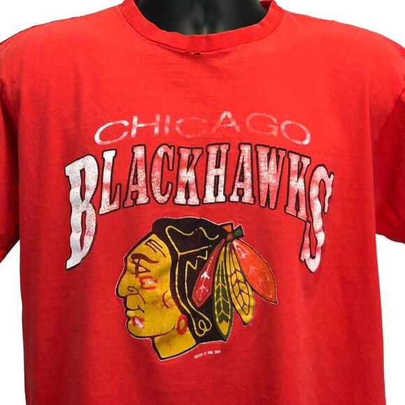 Vintage 80s Chicago Blackhawks T Shirt Distressed NHL Hockey USA Tee Red L Large - Picture 1 of 12